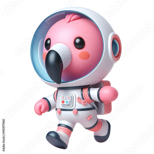 Cute and happy 3d flamingo astronaut isolated on white background