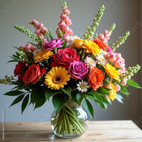 Wallpaper Mural Vase of multicolored flowers on wooden table against blue wall Torontodigital.ca
