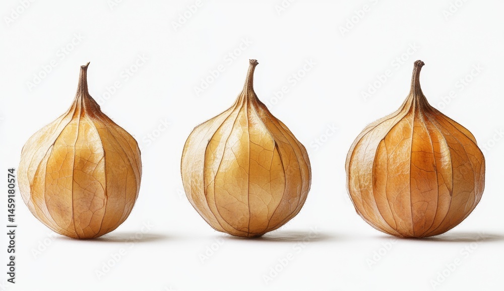Obraz premium Three dried, light golden-brown fruits, in a row against a white background. Each fruit has a bulbous shape with ribbed, papery skin