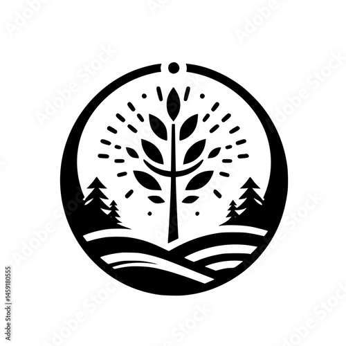 Minimalist Nature Icon: Circle Tree & Landscape Silhouette