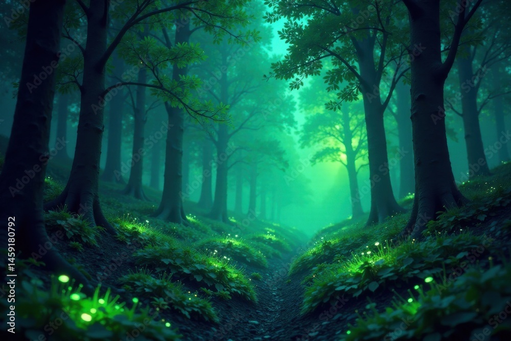 Fototapeta premium Enchanted Forest Path A Mystical Journey Through Glowing Flora and Tall Trees Under a Soft, Green Twilight