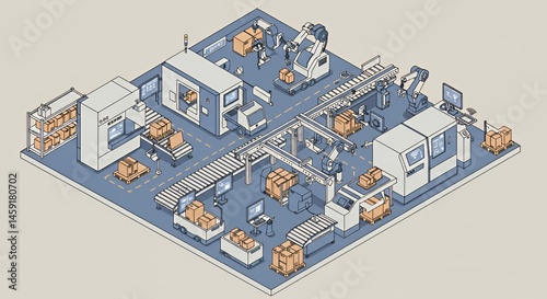Automated Warehouse and Factory System:  Isometric Illustration of a High-Tech Smart Manufacturing Process with Robotic Arms, Conveyors, and Automated Guided Vehicles.