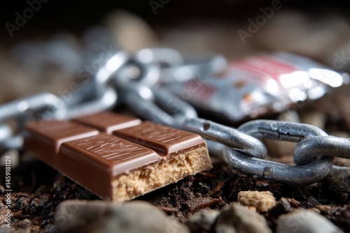 A chocolate bar chained to a rocky surface represents the concept of indulgence being limited, symbolizing desires that are held back or constrained by external factors.