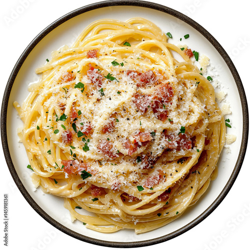 A delicious plate of creamy carbonara pasta, garnished with freshly grated parmesan cheese and chopped parsley. The pasta is cooked perfectly al dente and the sauce is rich and flavorful.