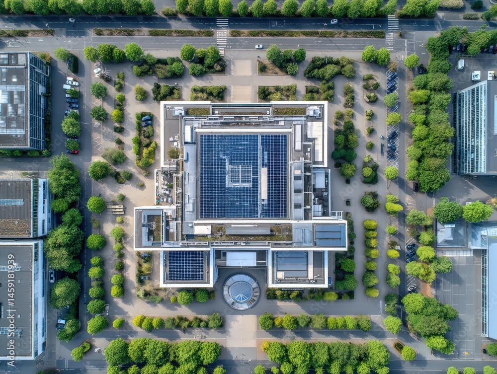 Aerial view of a modern building with a central courtyard, surrounded by trees and roads, featuring rooftop solar panels.