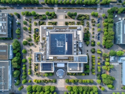 Obraz na płótnie Aerial view of a modern building with a central courtyard, surrounded by trees and roads, featuring rooftop solar panels. w salonie