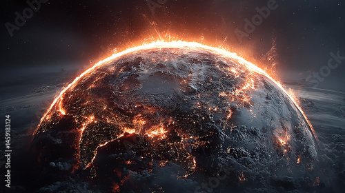 Dramatic cosmic view of a planet engulfed in fiery energy with dark space background and artistic rendering of a global cataclysm