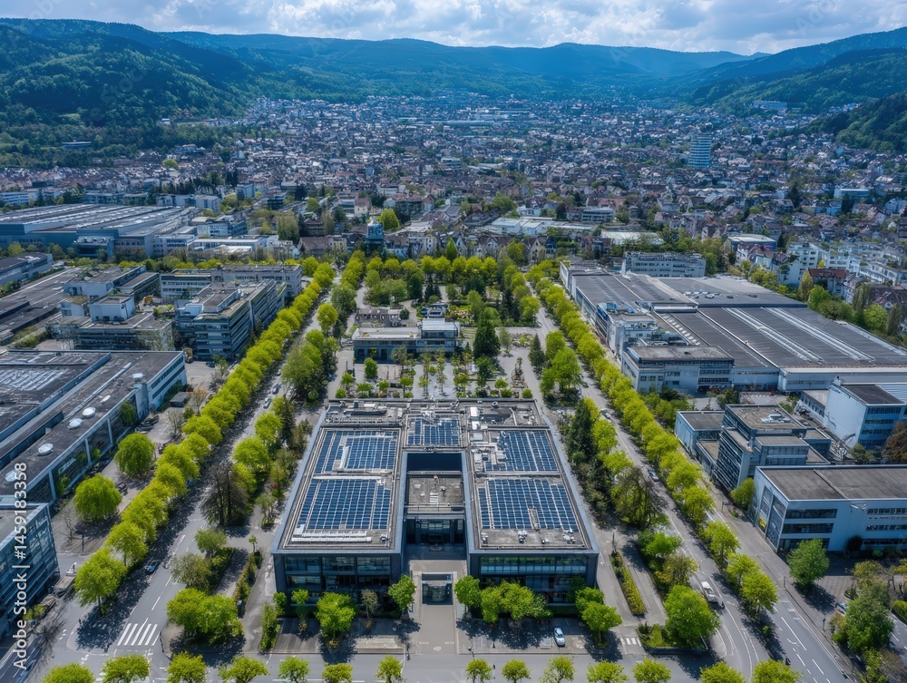 Aerial view of a modern city with solar-paneled buildings, tree-lined streets, and surrounding green hills.