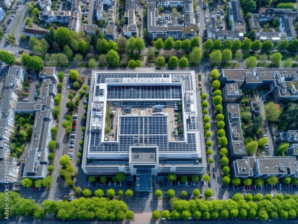 Aerial view of a modern square building surrounded by trees, roads, and other city structures in an urban neighborhood.