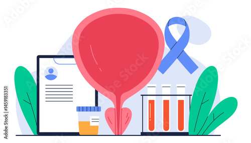 Prostate cancer awareness concept. Male genitourinary system medical equipment. Men healthcare, prostatitis treatment. Isolated vector illustration in cartoon style
