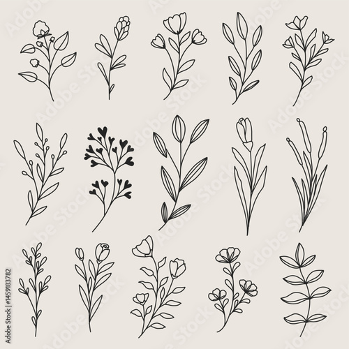 Minimalist hand drawn botanical lineart set, tiny flower tattoo design, floral element ilustration, suitable for invitation design, label, tattoo, and manymore