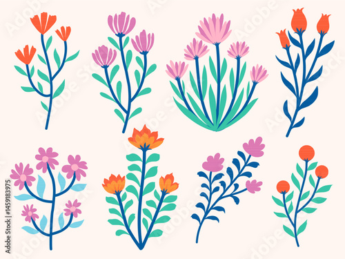 Bright and vibrant floral illustrations with a mix of flowers and leaves, perfect for summer and spring themed designs. Ideal for invitations, cards, and nature-inspired projects and manymore	