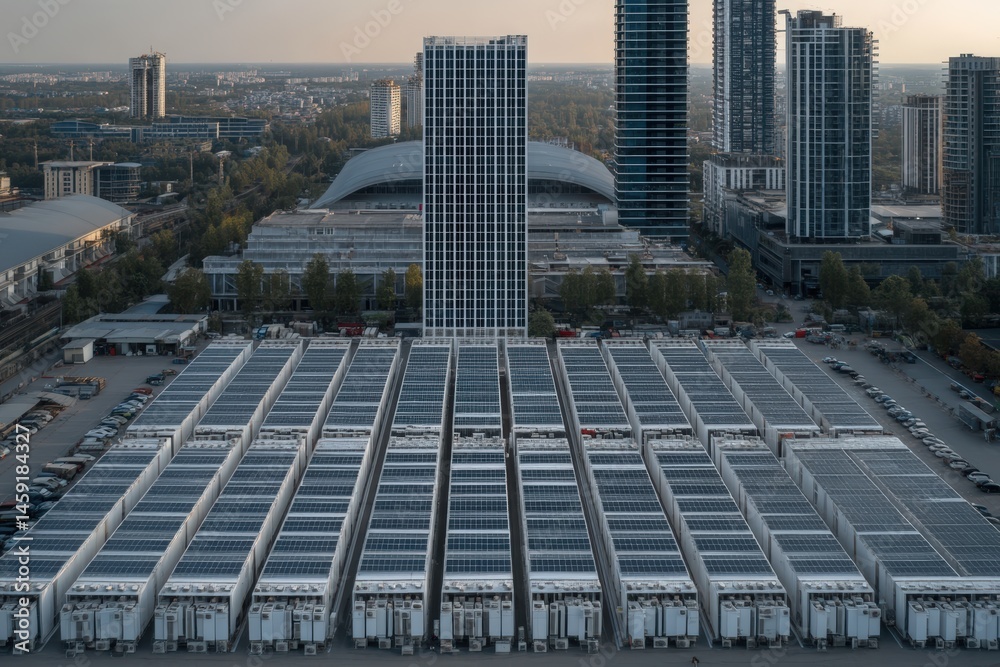 Aerial view of a modern cityscape with high-rise buildings and a large, organized industrial facility in the foreground.