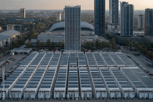 Obraz na płótnie Aerial view of a modern cityscape with high-rise buildings and a large, organized industrial facility in the foreground. w salonie