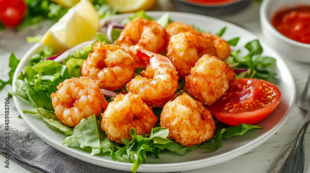 Battered and fried prawn ball with tomato sauce and salad on a white plate. Battered and fried prawn ball with tomato sauce and salad on a white plate.