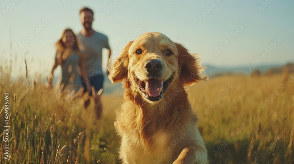 happy family travel on their summer holiday trip together with their cheerful golden retriever dog at beautiful natural area.