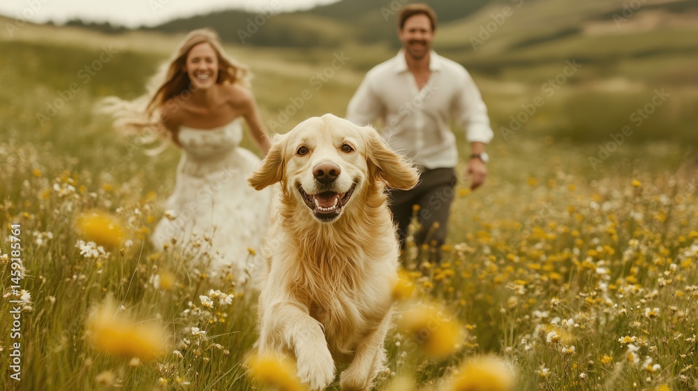happy family travel on their summer holiday trip together with their cheerful golden retriever dog at beautiful natural area.