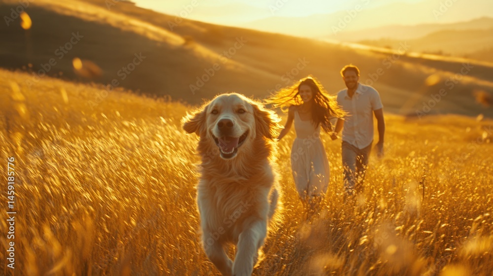 happy family travel on their summer holiday trip together with their cheerful golden retriever dog at beautiful natural area.
