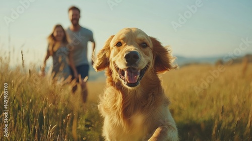 Obraz na płótnie happy family travel on their summer holiday trip together with their cheerful golden retriever dog at beautiful natural area. w salonie