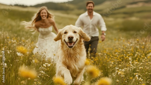 Obraz na płótnie happy family travel on their summer holiday trip together with their cheerful golden retriever dog at beautiful natural area. w salonie