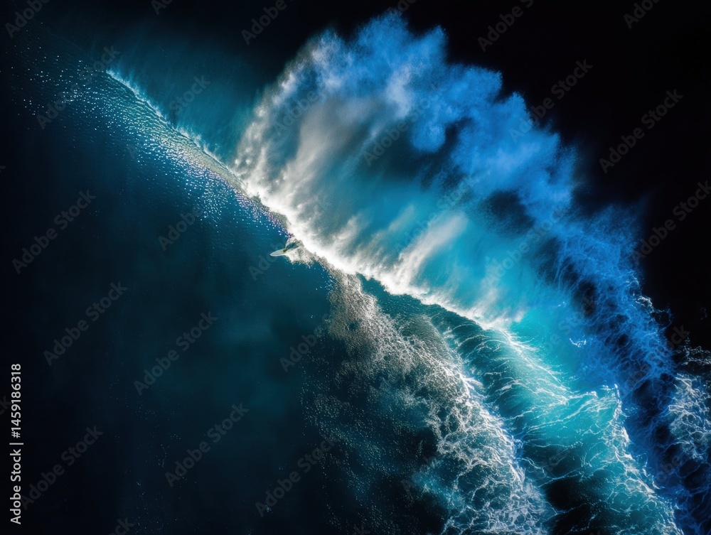 Aerial view of a surfer riding a powerful ocean wave under dramatic blue lighting.