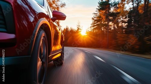 Red SUV speeding on a winding road during sunset, autumnal forest scenery, motion blur effect, vibrant colors, journey concept. : Generative AI