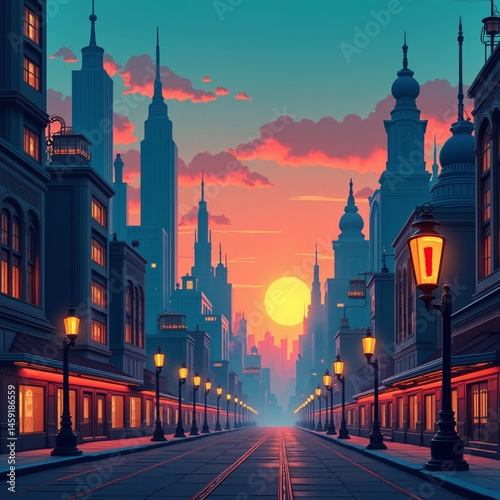 Illustrated urban scene with colorful buildings, sunset sky, lampposts, and a long street leading to the