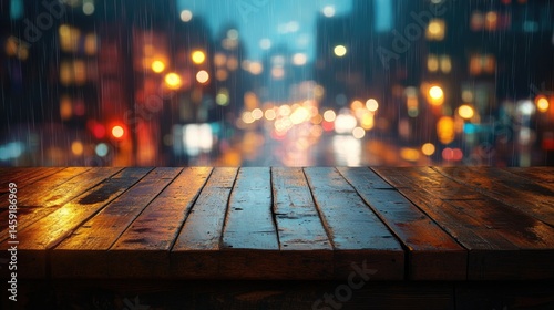 old wooden vintage counter with colorful bokeh street in night.
