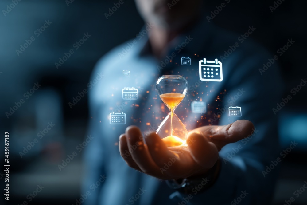 Fototapeta premium A businessman holding a glowing hourglass with one hand, calendar icons floating around, concept of productivity and deadlines, dark moody background with strong lighting focus