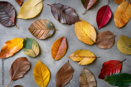 Vibrant arrangement of colorful autumn leaves creating a seasonal pattern on a neutral grey background