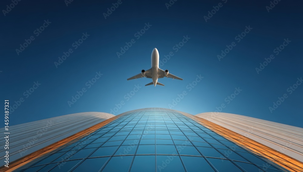 A modern airplane flies above a reflective glass skyscraper against a clear blue sky, symbolizing travel and urban innovation.