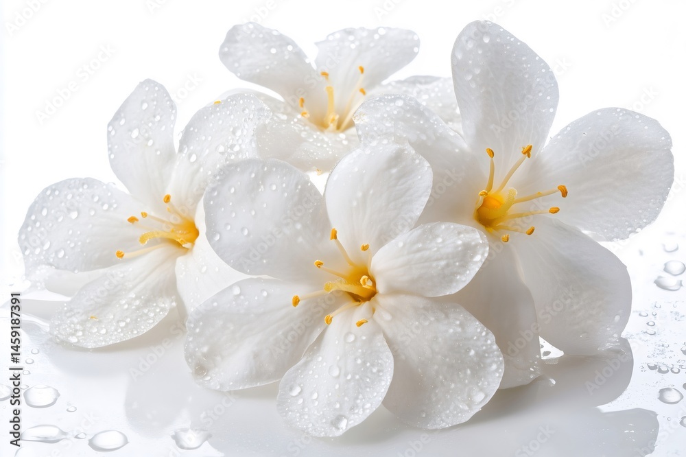 Fototapeta premium Soft focus shot of white jasmine flowers covered with fresh water drops, creating a delicate and pure image