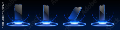 Futuristic Smartphone Set with Glowing Holographic Stage – 3D Vector of Modern Mobile Devices in Multiple Angles and Neon Light Effects
