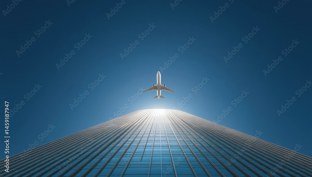 A commercial airplane flies above a modern glass skyscraper against a clear blue sky, viewed from below.