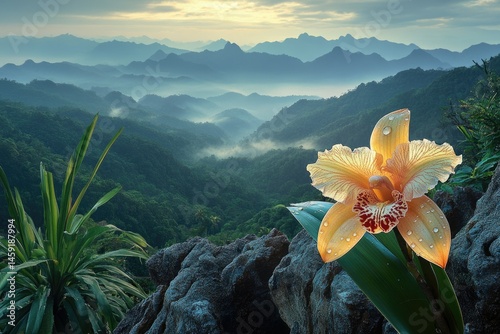 A vibrant orchid blooms atop a misty mountain range, showcasing a breathtaking vista of serene hills and valleys.