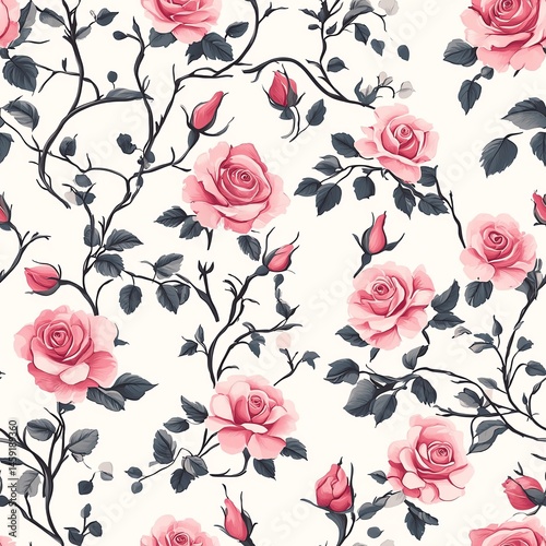 Wallpaper Mural Beautiful floral pattern featuring pink roses with lush green leaves on a soft backdrop. Seamless pattern. Torontodigital.ca