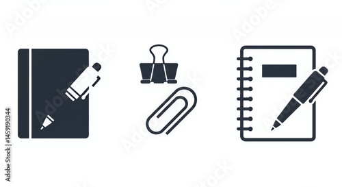 Stationery Icons: Notebook, Pen, Binder Clip and Paperclip