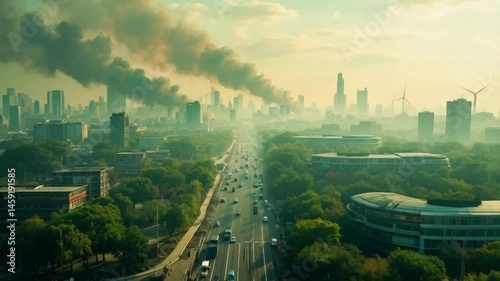 City with lots of traffic and smoke in the air. Smooth repeating motion for background video animation.