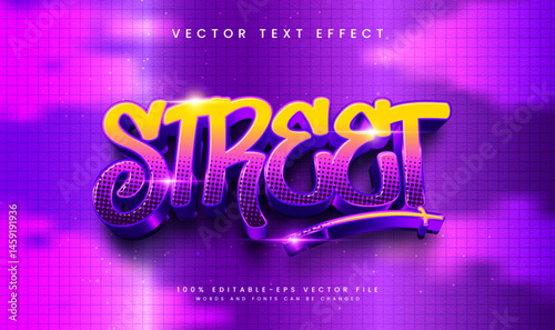 Editable 3D street style text effect.  Purple and yellow graffiti lettering.  Vector file.
