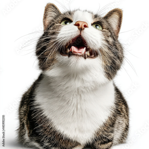 A playful tabby cat with white chest fur mouth open in a joyful meow looking upward against a pure white background.  The cat's green eyes are wide and expressive showcasing a happy an : Generative AI
