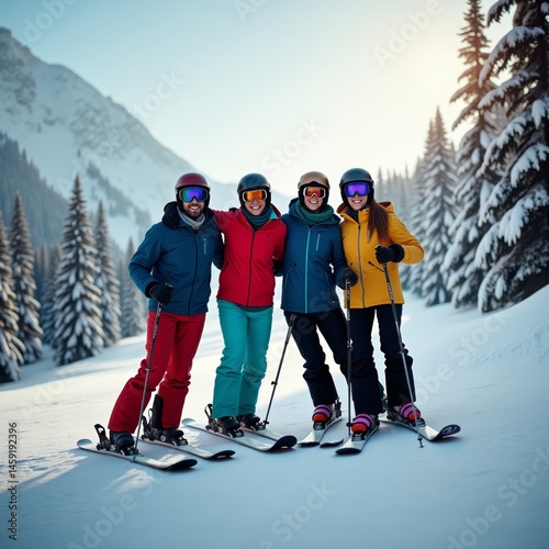 Four skiers posing on a snowy mountain