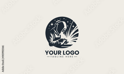 Welder silhouette creating sparks while working in vector logo illustration with industrial theme