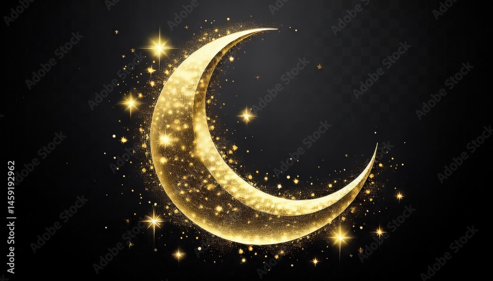 Naklejka premium golden crescent moon with sparkling stars ramadan graphic for web design and print media