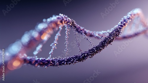 A minimalist DNA helix made of glowing blue dots and thin connecting lines, suspended over a pale lavender background. Structure occupies the bottom corner, with ample open space above. Scientific an