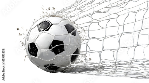 Soccer net with ball inside mid-goal, action captured, isolated on Transparent background