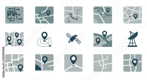 Collection of Navigation Icons: GPS, Maps, Location Tracking, Satellite Imagery, and Route Planning