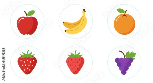 Colorful Fruit Icons: A Delightful Collection of Apples, Bananas, Oranges, Strawberries, and Grapes