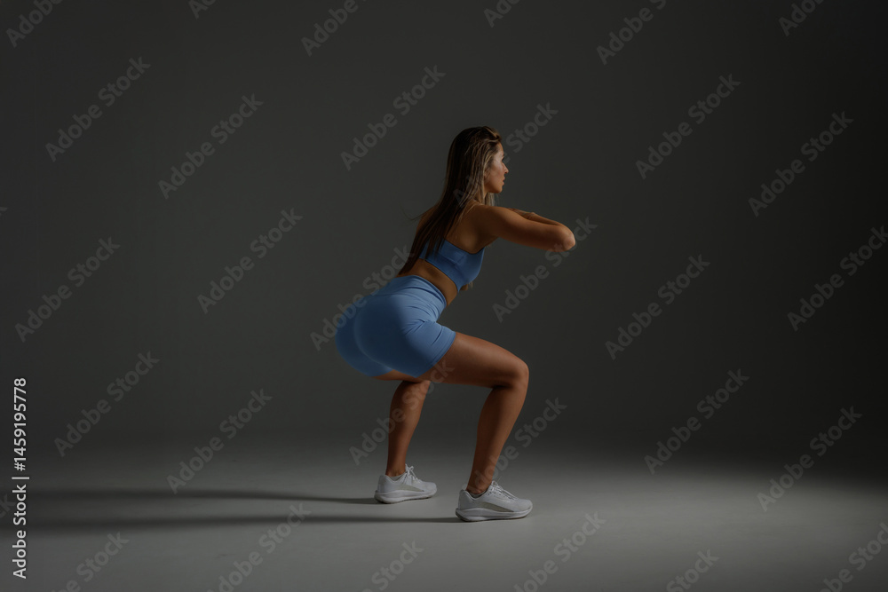 Fototapeta premium Young woman performing squats in a fitness studio with dim lighting and neutral background for strength training