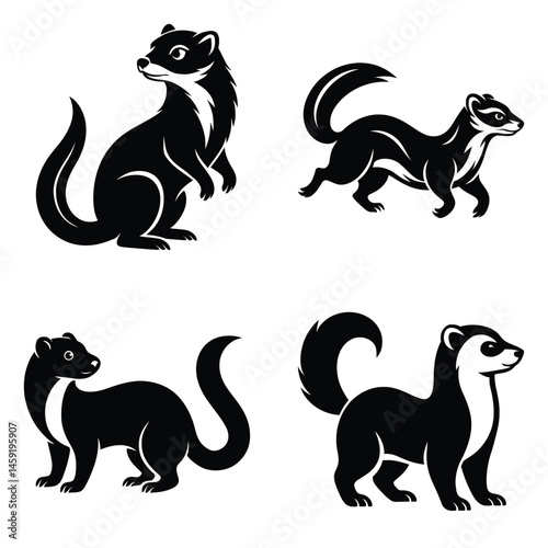 Ferret set silhouette clipart illustration & drawing black & white