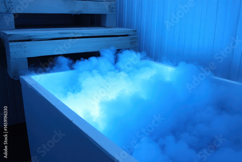 cryo chamber with swirling vapor emits cool blue glow